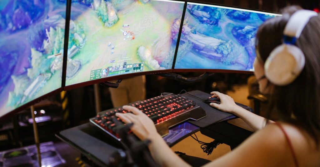 A young woman intently gaming on a multi-screen setup, showcasing vibrant gaming visuals.